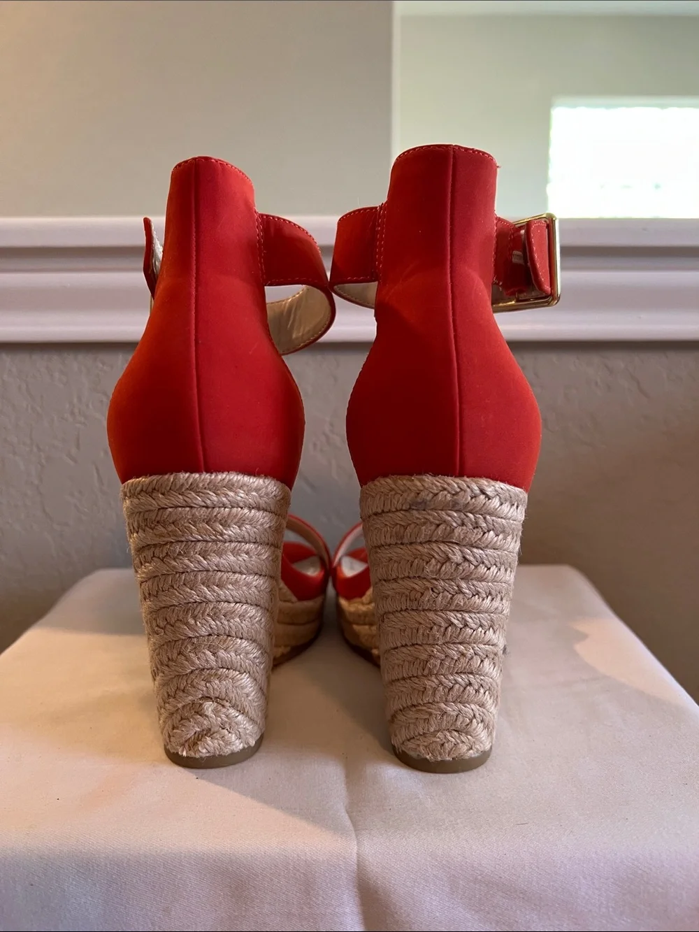 Calvin Klein Coral-Red Espadrille Ankle-Strap Wedges